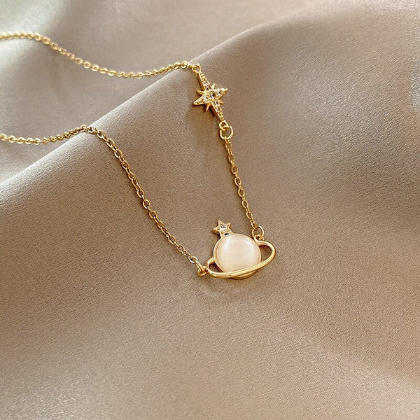 Stainless Steel Planet-shaped Opal Zircon Pendant Necklace