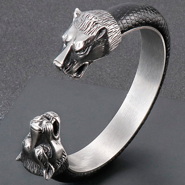 Brazalete abierto de acero inoxidable con cabeza de lobo para hombre