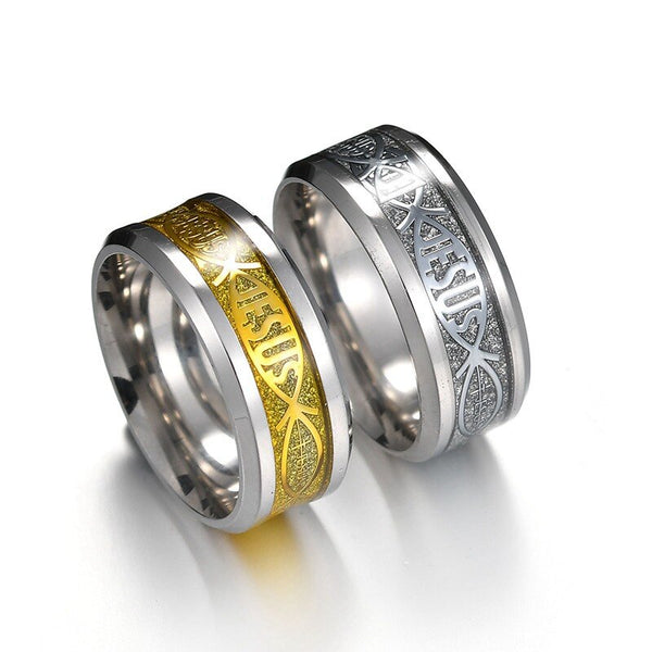 Anillo de acero inoxidable 316L con la letra de Jesús