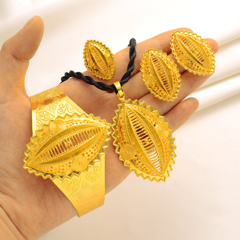 gold Ethiopian Traditional Necklace Earrings Eritrea Jewelry set