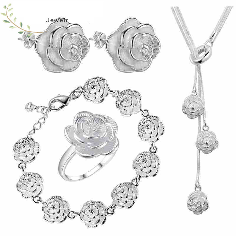 Rose Flower Bracelet Ring Earrings Necklace 4 pcs Jewelery Set
