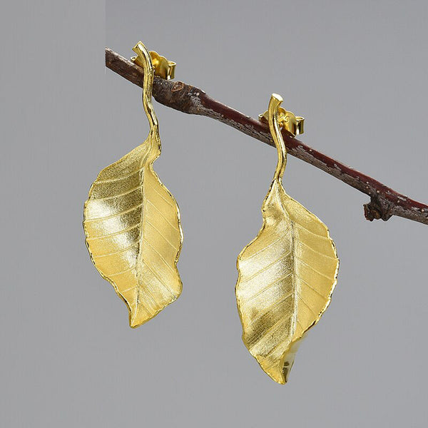 Pendientes elegantes de lujo con hojas grandes otoñales en plata de ley 925