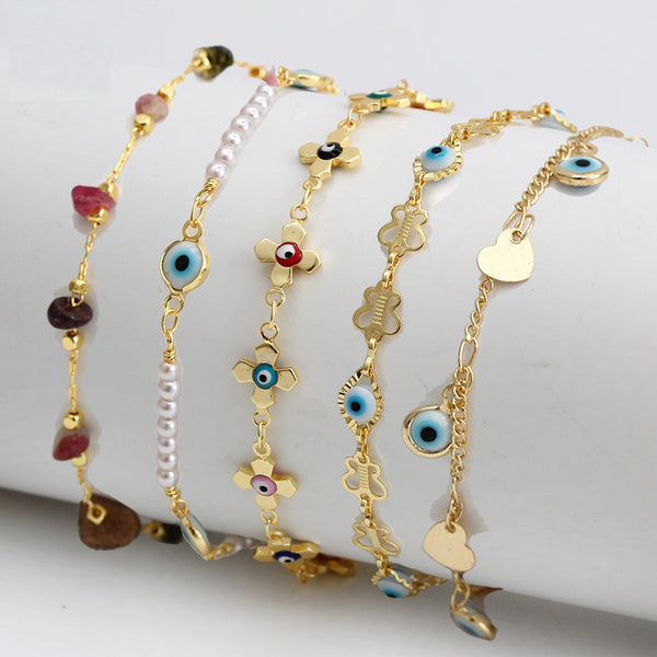 Tobillera con cadena para el pie con ojo de la suerte y mano de Fátima