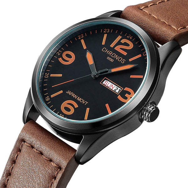 Reloj clásico de cuero marrón y negro con números