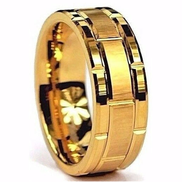 Anillo de carburo de tungsteno dorado con ranuras para hombre