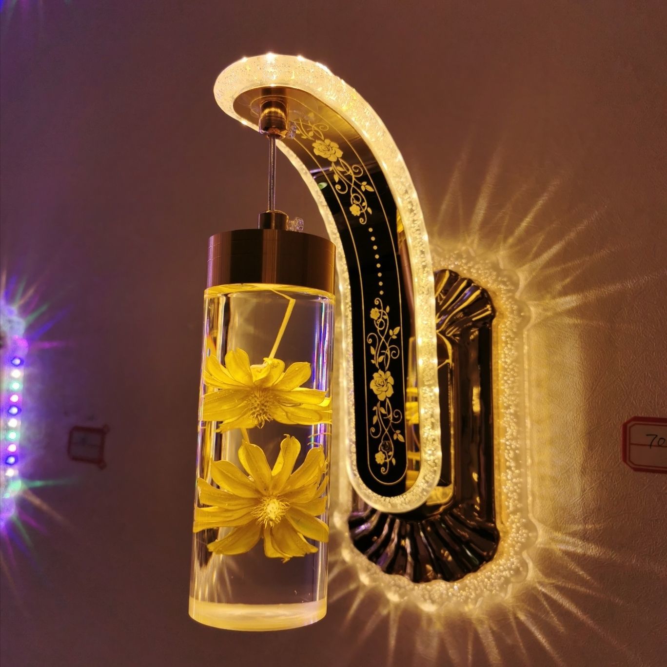 New Led Wall Light  Real flower Crystal Amber Bedside Wall Lamp