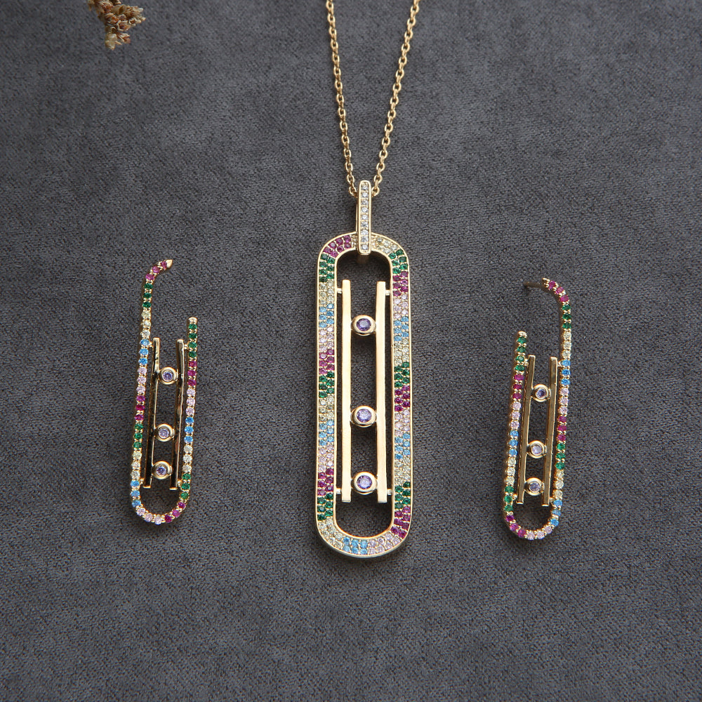Luxury Geometry Link Stackable Pendant Necklace Earring ring set