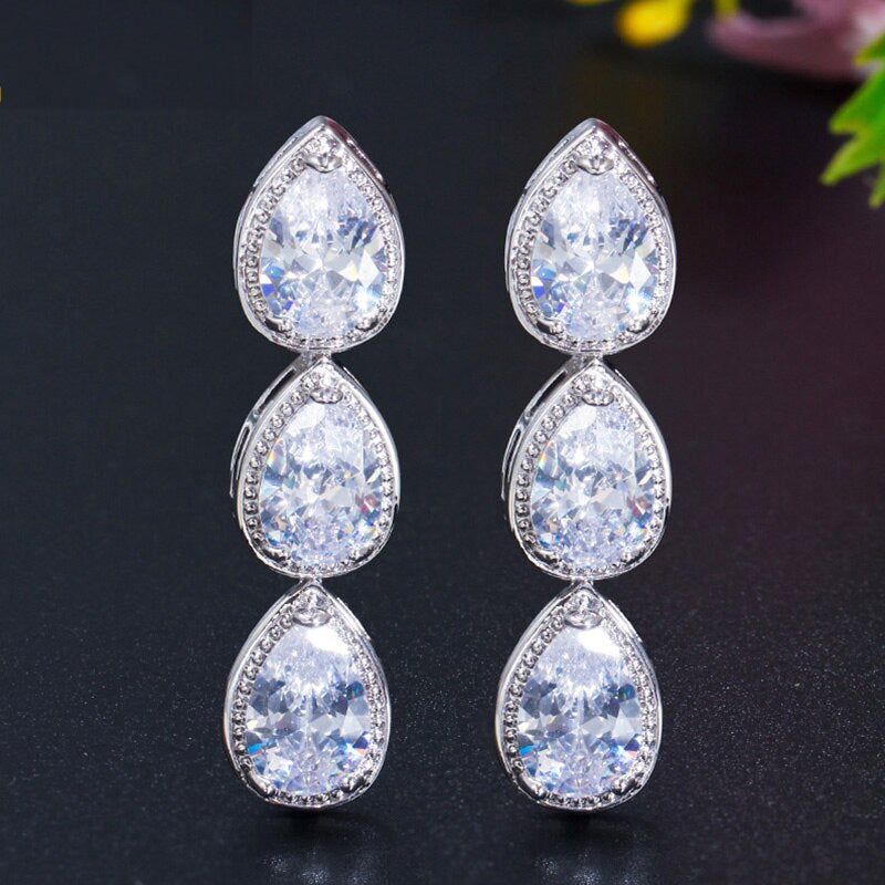 Elegant AAA Water Drop Cubic Zircon Long Silver Color Big Hanging Dangle Earrings