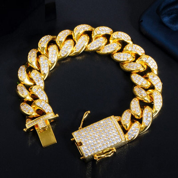 Pulseras de eslabones de oro cubano con circonita cúbica de estilo hip hop para mujer