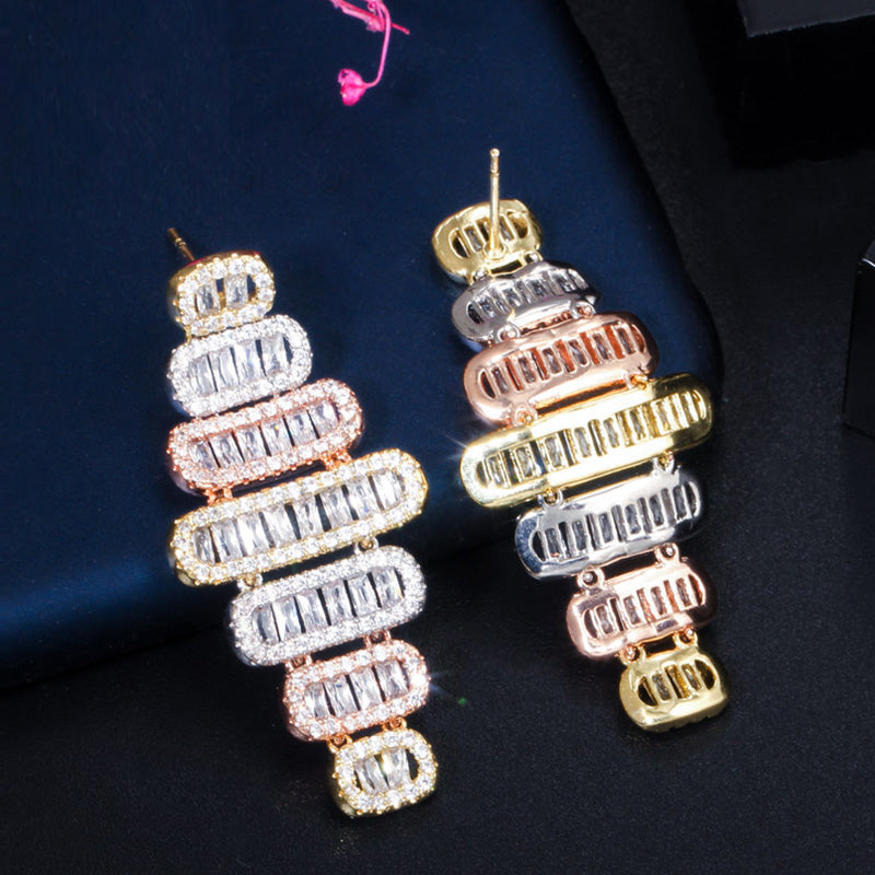 Popular Luxury 3 Tone Gold Long Geometry CZ Zircon Dangle Earrings