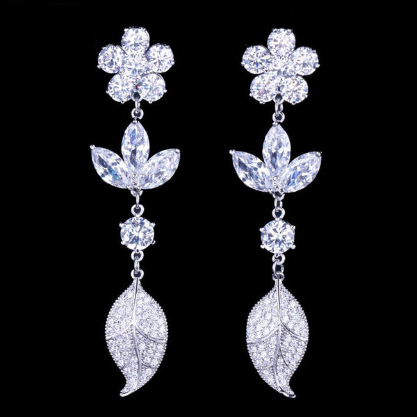 Lindos pendientes largos colgantes con forma de flor y hoja de cristal de circonita cúbica