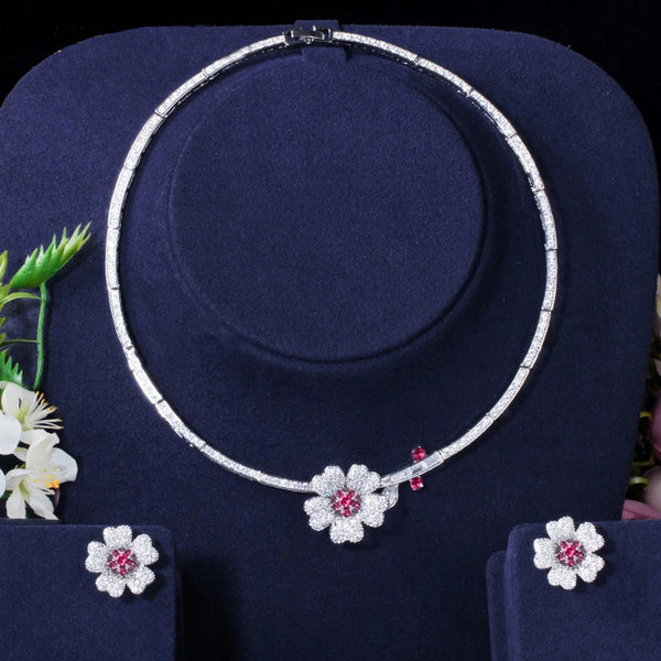 Trendy Rose Red Cubic Zirconia Setting Lovely Flower Earrings and Pendant Necklace Sets