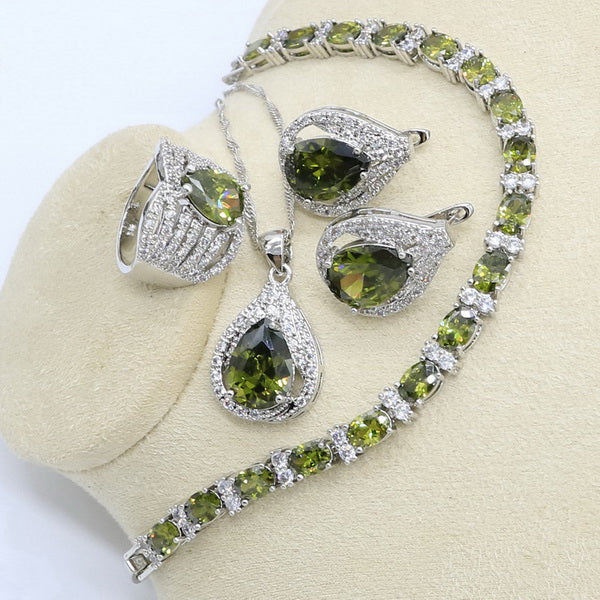 New Olive Green Zircon  Silver Color Jewelry Set
