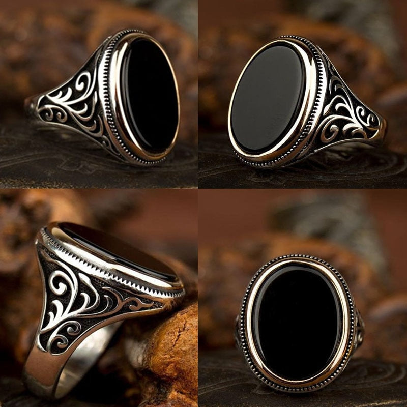 Craved Pattern Black Egg-shaped Crystal Silver Color Ring