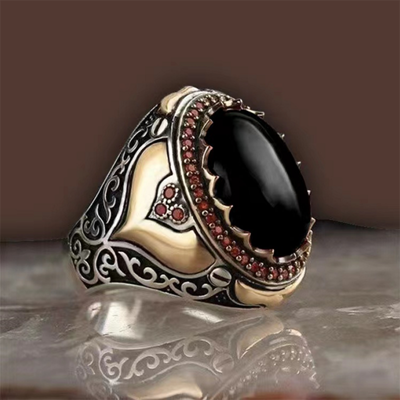 Craved Pattern Black Egg-shaped Crystal Silver Color Ring