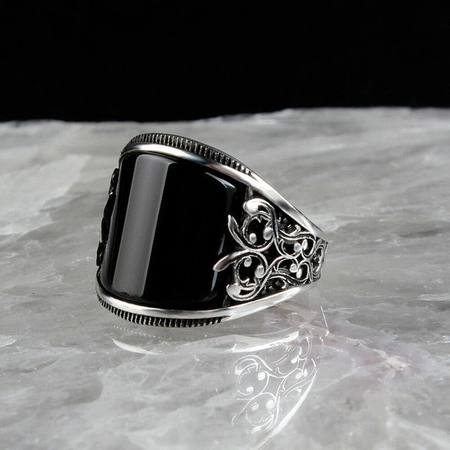 Craved Pattern Black Egg-shaped Crystal Silver Color Ring