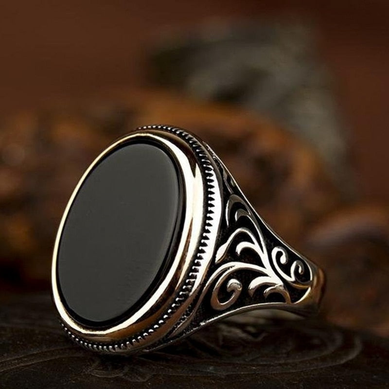 Craved Pattern Black Egg-shaped Crystal Silver Color Ring