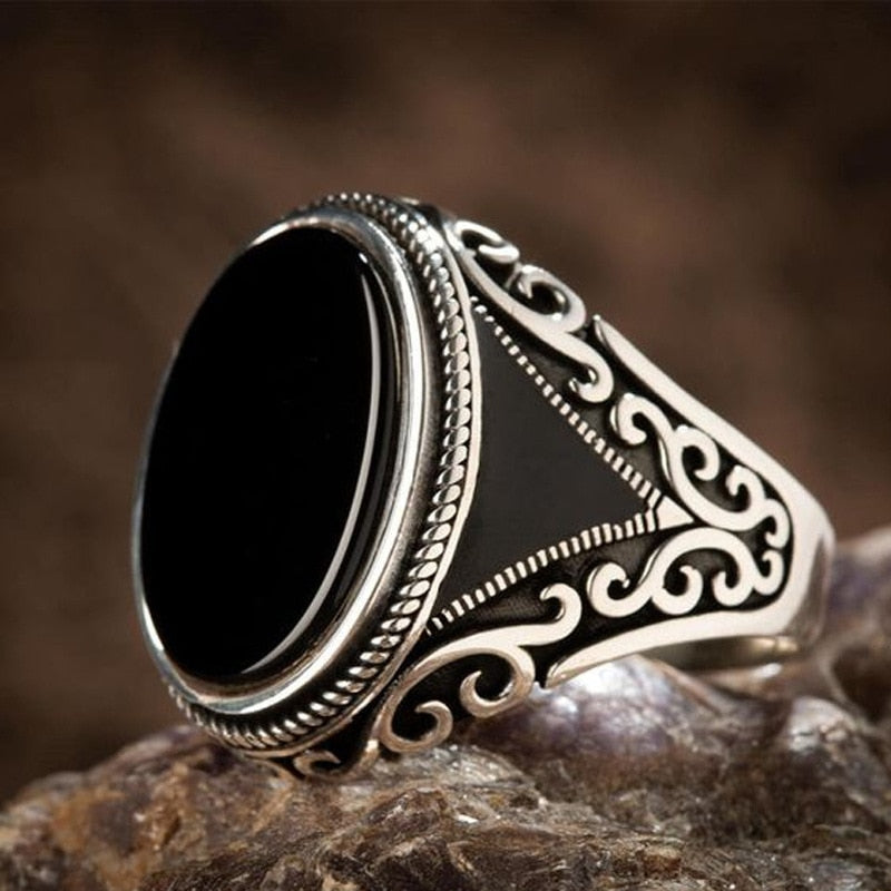 Craved Pattern Black Egg-shaped Crystal Silver Color Ring