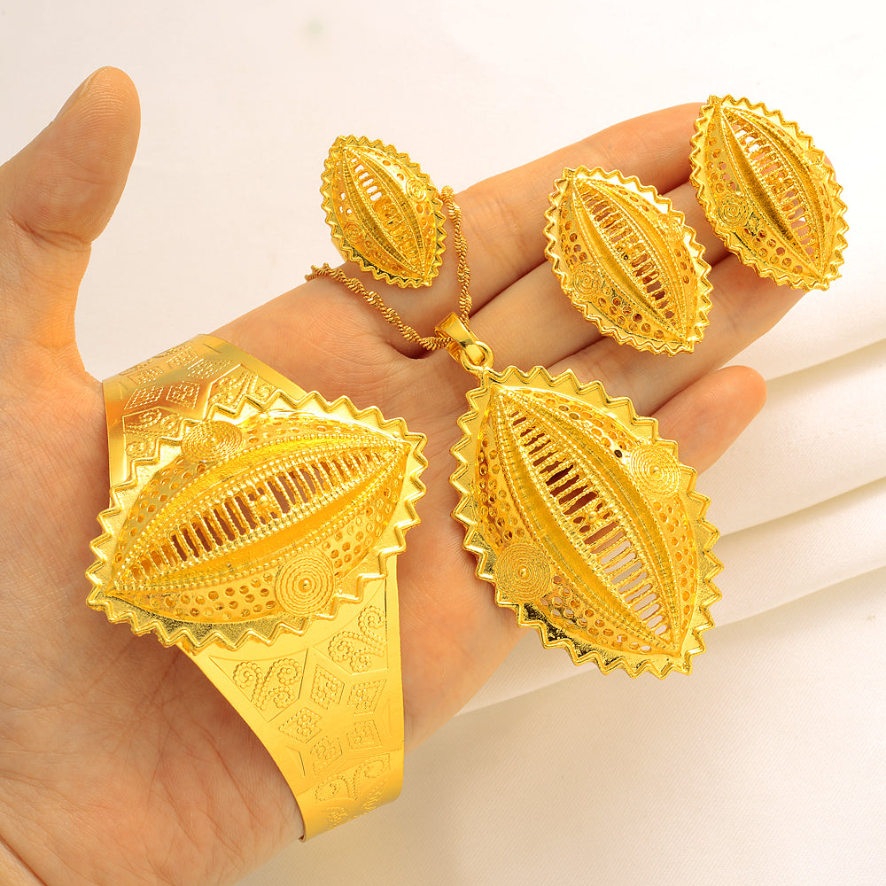 gold Ethiopian Traditional Necklace Earrings Eritrea Jewelry set