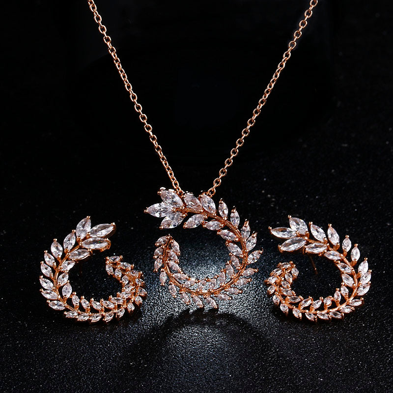 Zircon Olive Branch Earrings and Pendant Jewelry Sets