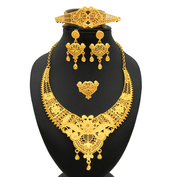 Indian Gold Plated   Wedding Dubai Choker Necklace Bracelet Earring Ring  Set
