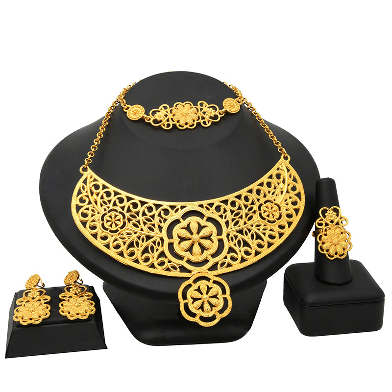 Indian Gold Plated   Wedding Dubai Choker Necklace Bracelet Earring Ring  Set