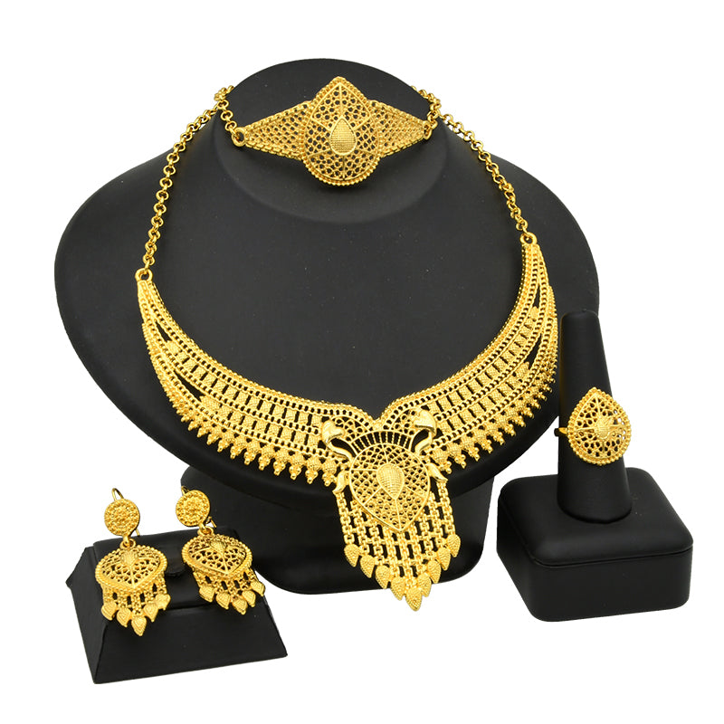Indian Gold Plated   Wedding Dubai Choker Necklace Bracelet Earring Ring  Set