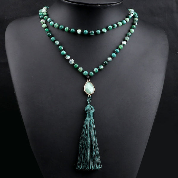 Collar bohemio con borlas de 108 cuentas de mala para mujer, cuentas de piedra de ónix con rayas verdes naturales