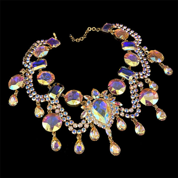 Temperament AB Colored Diamond Rhinestone Pendant Necklace Ladies Crystal Large Necklace