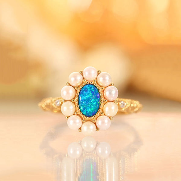 Anillos de compromiso con flor de zafiro ovalado y perla de plata S925 para mujer