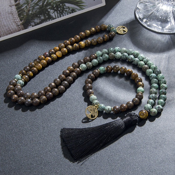 Collar de cuentas Mala de 8 mm con broncita y ojo de tigre natural 108