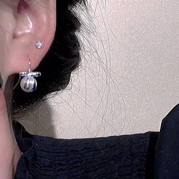 Korean Fashion Delicate Bowknot Pearl Drop Earrings For Women