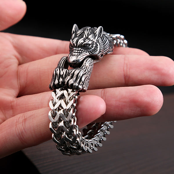 Pulsera vintage de acero inoxidable con cabeza de lobo vikingo para hombre