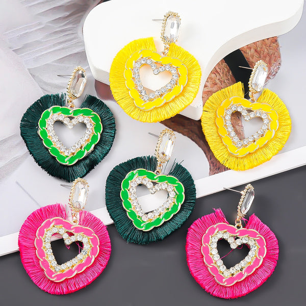 Pendientes geométricos de moda con forma de corazón de metal y diamantes de imitación para mujer