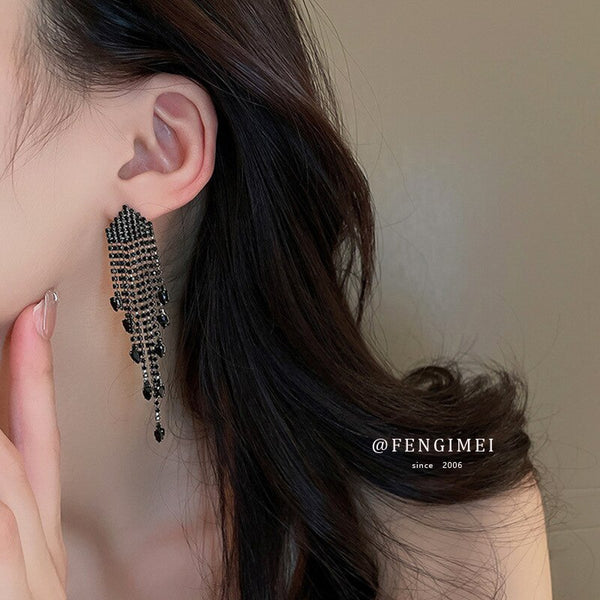 Pendientes colgantes vintage con borlas de cristal negro geométrico para mujer