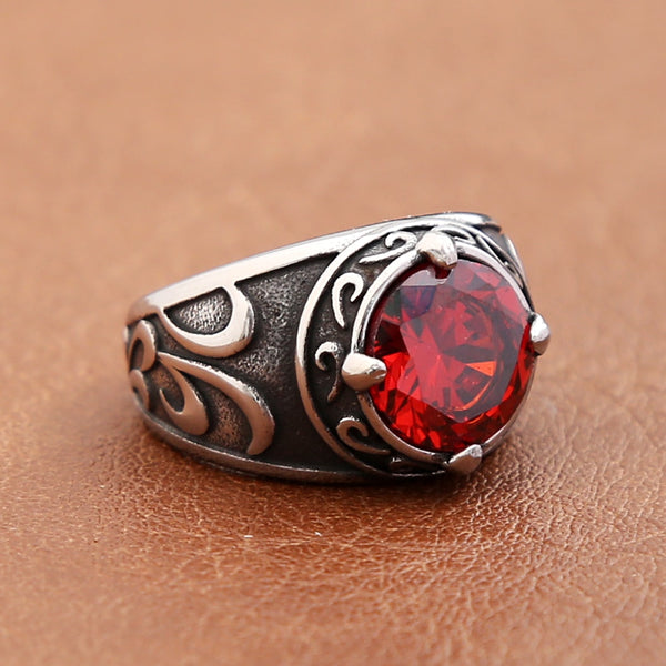 Vintage Blue/Red/Black Stone Rings For Men Women Punk Rock Stainless Steel Carving Ring