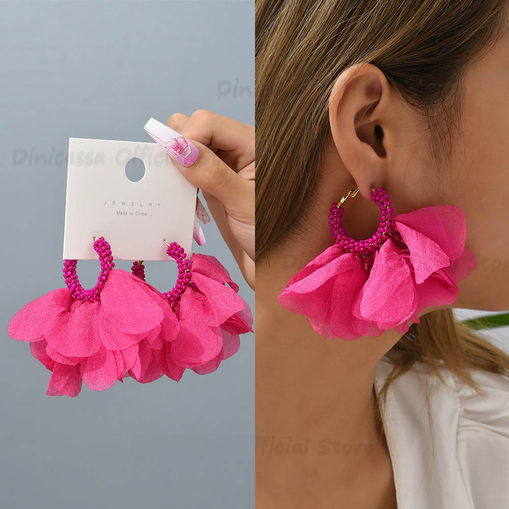 Fashion Rose Flower Petal Cotton Beaded Big Dangle Earrings For Women