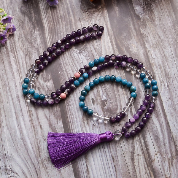 Collar y pulsera de cuentas de apatita y amatista natural de 8 mm, conjunto de joyería 108 Mala