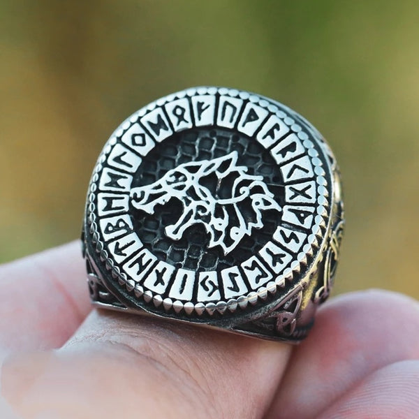 Anillo de runas vikingas vintage para hombre, de acero inoxidable nórdico, con nudo celta vikingo y cabeza de lobo.