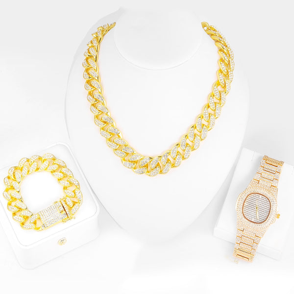 New HipHop Zircon Inlay Watch +18MM Cuba Necklace With Bracelet 3PCS KIT