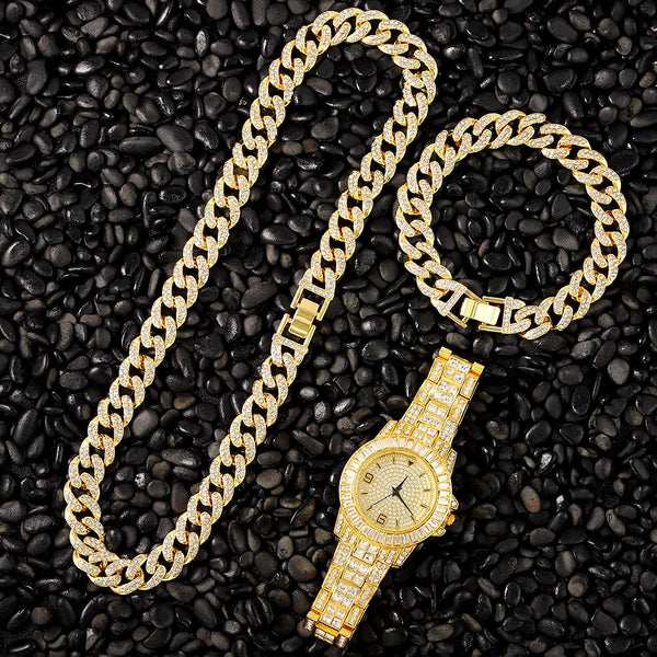 Reloj de hip hop con incrustaciones de circonita cuadrada y diamantes de imitación + collar de cadena cubana de 13 mm con pulsera (kit de 3 piezas)