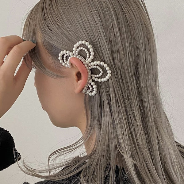 Korean Pearl Flower Beaded Wrap Clips Earrings For Women