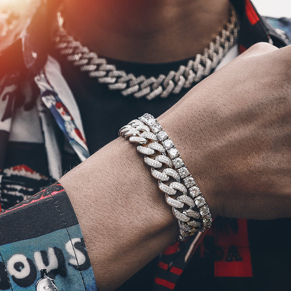 Pulsera de cadena de eslabones cubanos color plata con joyería de hip hop de estilo urbano