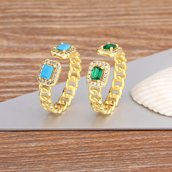 Anillos de lujo con circonita cúbica rectangular de cristal en 5 colores.