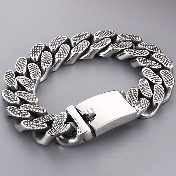 Pulsera clásica de acero inoxidable 316L de 17 mm de ancho con cadena cubana para hombre.