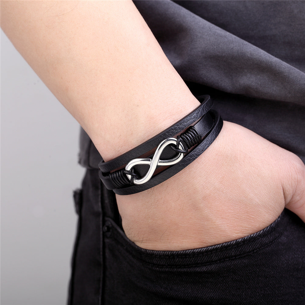 New Multi-Layer Genuine Leather 8 words Bracelet For Men Stainless Steel Magnetic Clasp