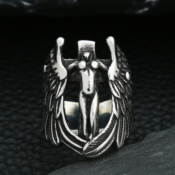 Anillo punk vintage de acero inoxidable con alas de ángel para hombre y mujer.