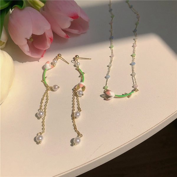 Korean Sweet Fresh Pink Flower Drop Earrings For Women