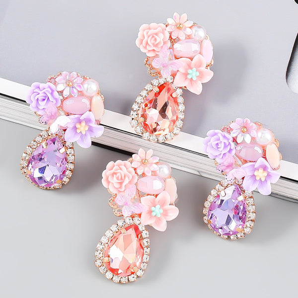 Pendientes de resina con diamantes de imitación rosas y metal para mujer