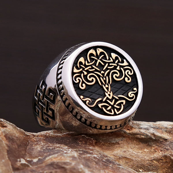 Anillo vikingo nórdico vintage de acero inoxidable con forma de árbol de la vida para hombre.